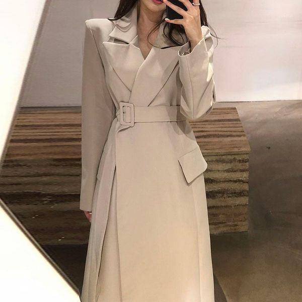 women's trench coats korea retro chic autumn elegant lapel with closed show thin waist long-sleeved over-the-knee long suit jacket in w, Tan;black